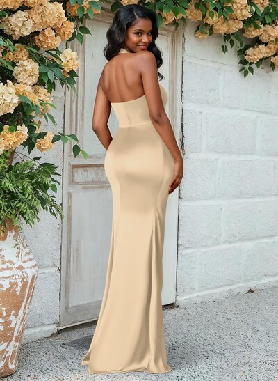 Trumpet/Mermaid Halter Floor-Length Silk Like Satin Bridesmaid Dresses With High Split