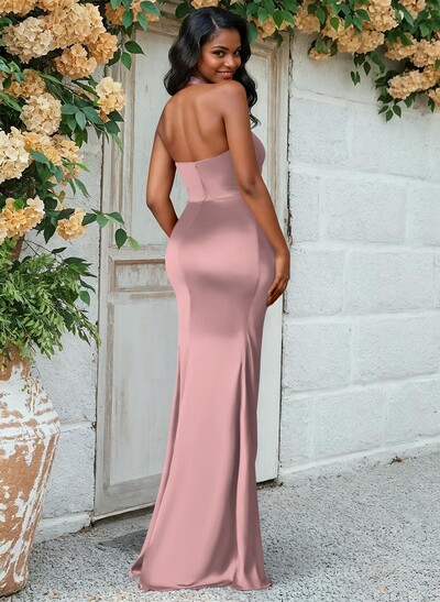 Trumpet/Mermaid Halter Floor-Length Silk Like Satin Bridesmaid Dresses With High Split