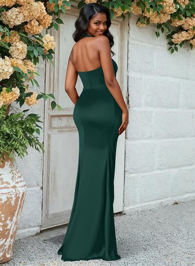 Trumpet/Mermaid Halter Floor-Length Silk Like Satin Bridesmaid Dresses With High Split