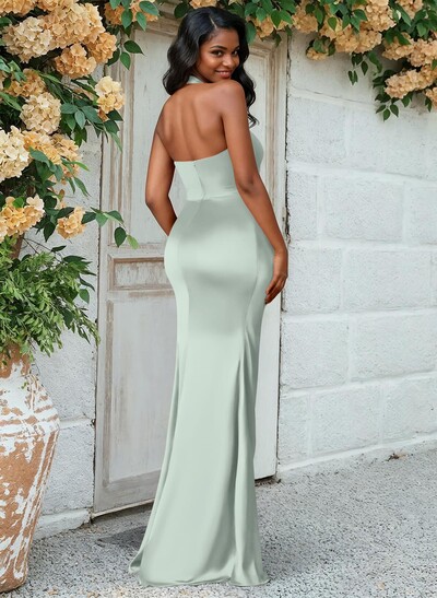 Trumpet/Mermaid Halter Floor-Length Silk Like Satin Bridesmaid Dresses With High Split