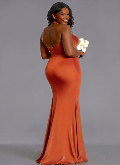 Trumpet/Mermaid Halter Floor-Length Silk Like Satin Bridesmaid Dresses With High Split