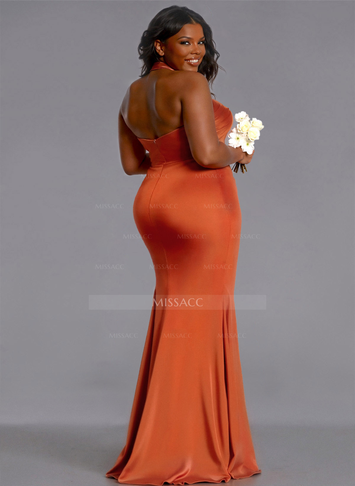Trumpet/Mermaid Halter Floor-Length Silk Like Satin Bridesmaid Dresses With High Split