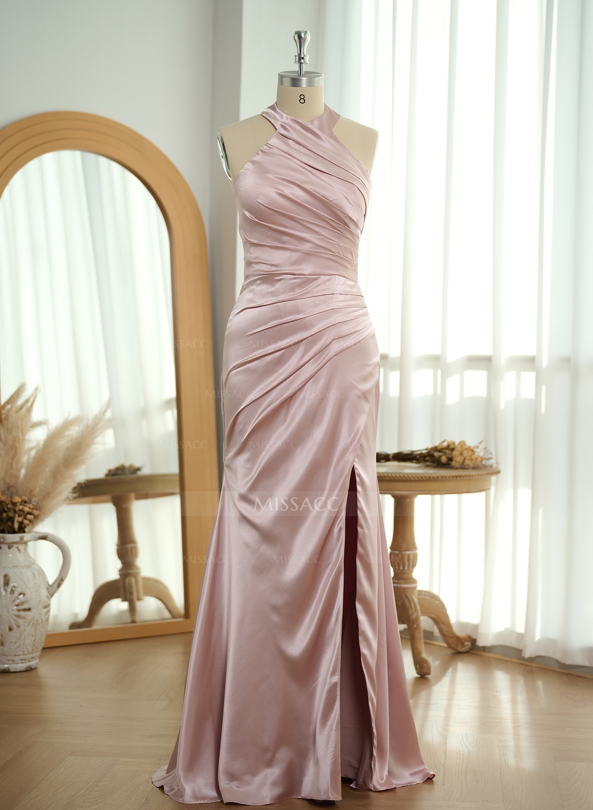 Trumpet/Mermaid Halter Floor-Length Silk Like Satin Bridesmaid Dresses With High Split