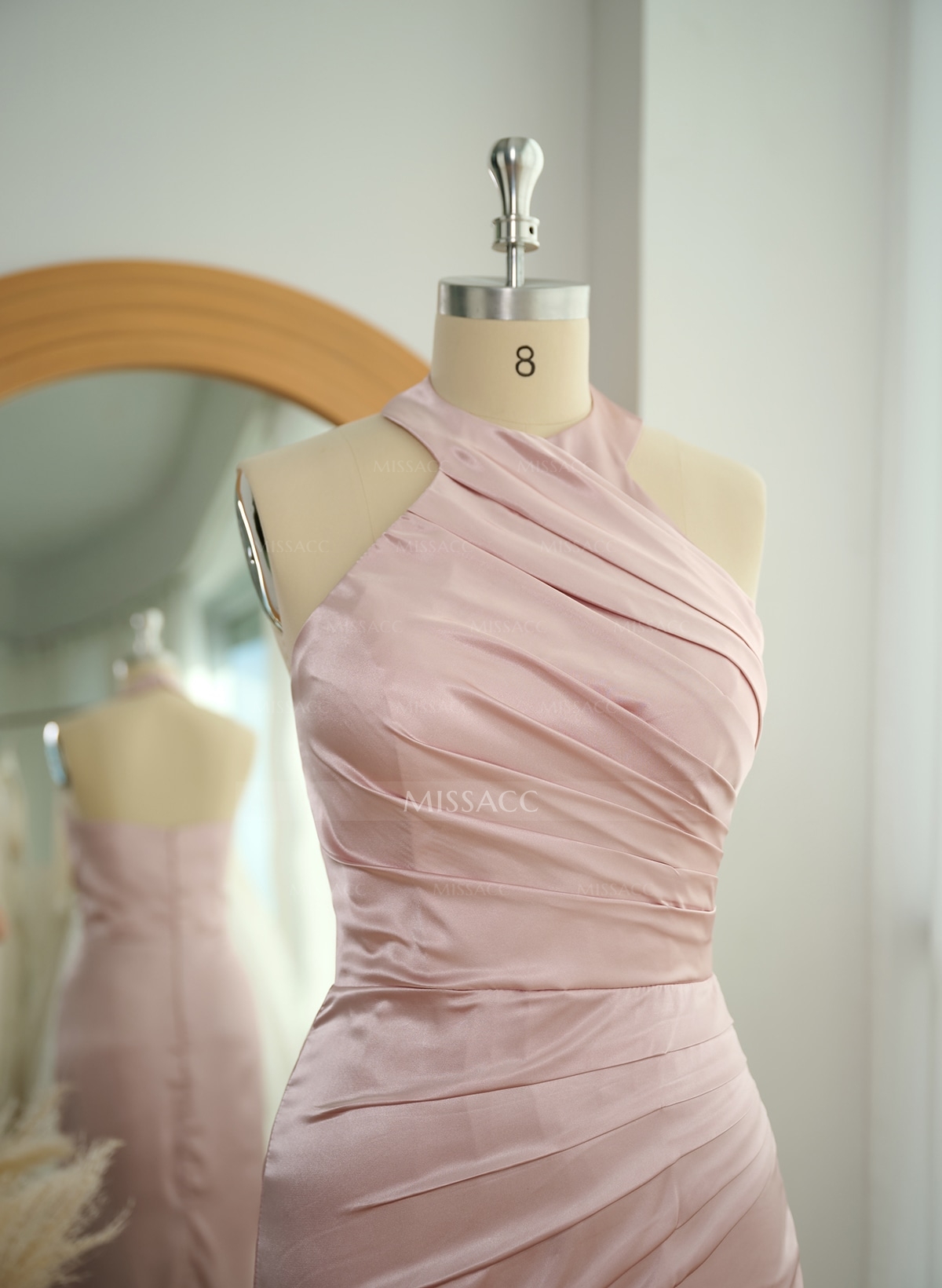 Trumpet/Mermaid Halter Floor-Length Silk Like Satin Bridesmaid Dresses With High Split