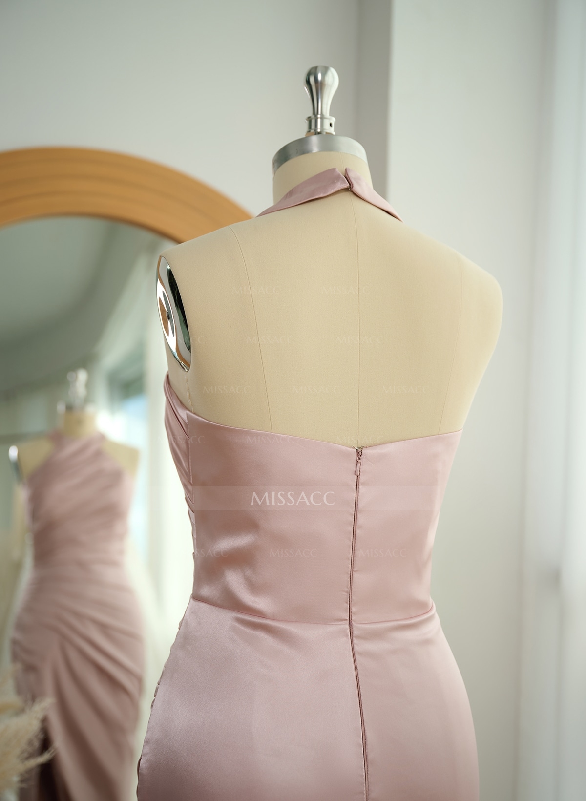 Trumpet/Mermaid Halter Floor-Length Silk Like Satin Bridesmaid Dresses With High Split