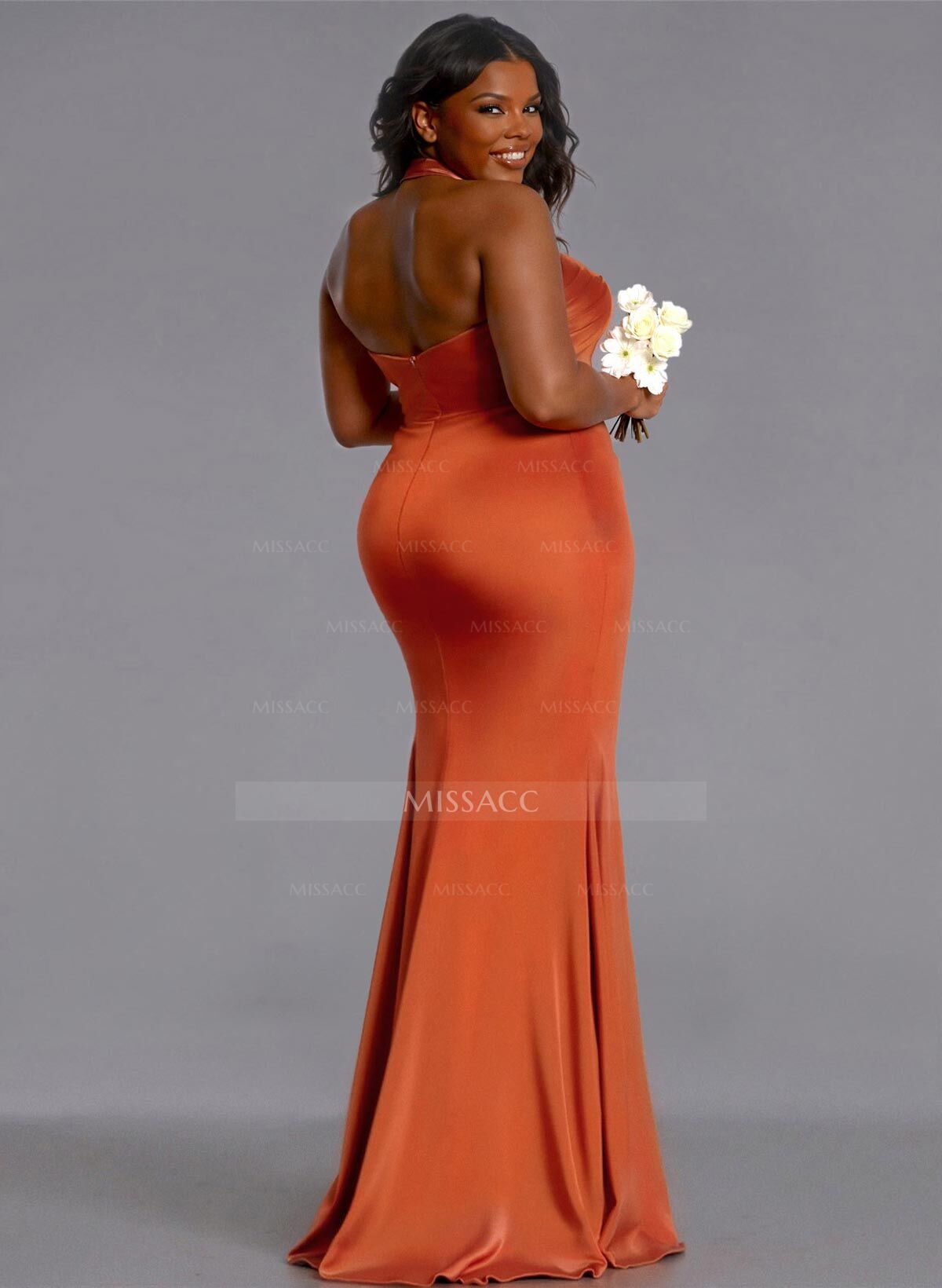 Trumpet/Mermaid Halter Floor-Length Silk Like Satin Bridesmaid Dresses With High Split