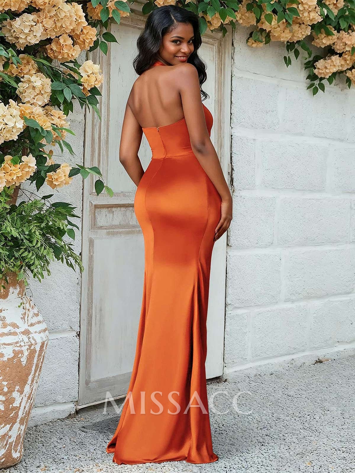Trumpet/Mermaid Halter Floor-Length Silk Like Satin Bridesmaid Dresses With High Split Trumpet/Mermaid Halter Floor-Length Silk Like Satin Bridesmaid Dresses With High Split