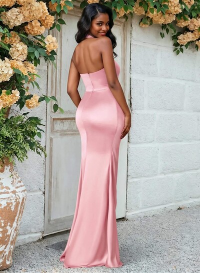 Trumpet/Mermaid Halter Floor-Length Silk Like Satin Bridesmaid Dresses With High Split