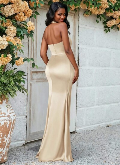 Trumpet/Mermaid Halter Floor-Length Silk Like Satin Bridesmaid Dresses With High Split