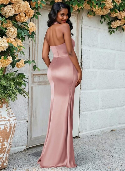 Trumpet/Mermaid Halter Floor-Length Silk Like Satin Bridesmaid Dresses With High Split