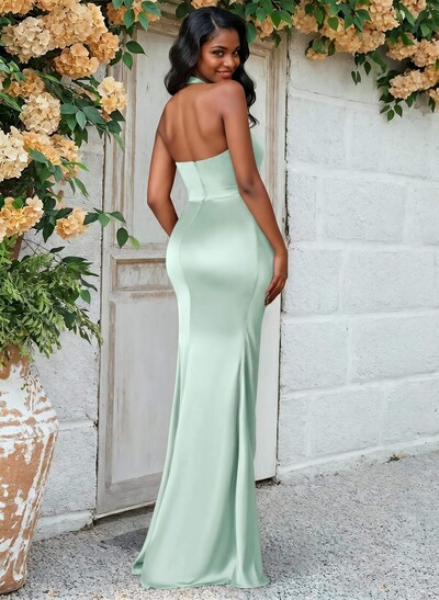 Trumpet/Mermaid Halter Floor-Length Silk Like Satin Bridesmaid Dresses With High Split