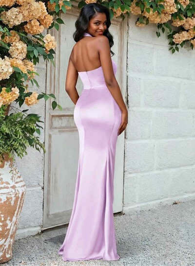 Trumpet/Mermaid Halter Floor-Length Silk Like Satin Bridesmaid Dresses With High Split