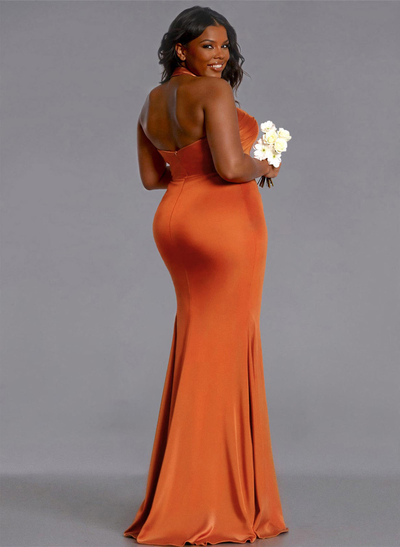 Trumpet/Mermaid Halter Floor-Length Silk Like Satin Bridesmaid Dresses With High Split
