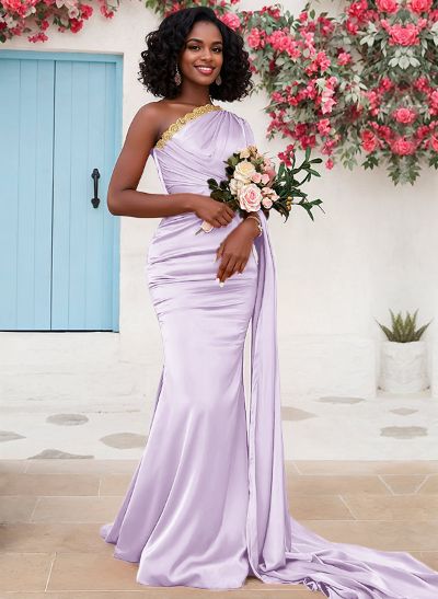 Trumpet/Mermaid Sleeveless Sweep Train Silk Like Satin Bridesmaid Dresses With Sweeping Side Drape