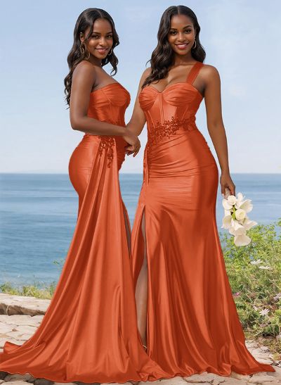 Trumpet/Mermaid Silk Like Satin Bridesmaid Dresses With High Split