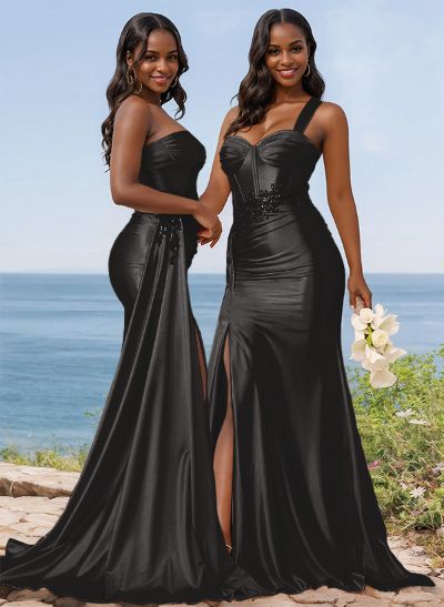 Trumpet/Mermaid Silk Like Satin Bridesmaid Dresses With High Split