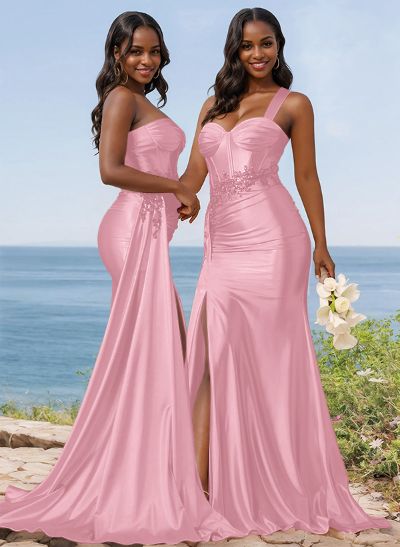 Trumpet/Mermaid Silk Like Satin Bridesmaid Dresses With High Split