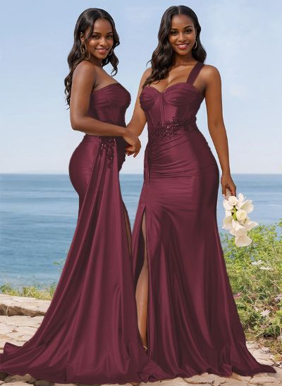 Trumpet/Mermaid Silk Like Satin Bridesmaid Dresses With High Split