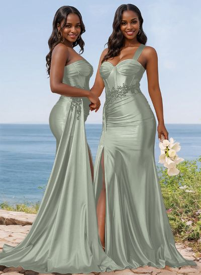 Trumpet/Mermaid Silk Like Satin Bridesmaid Dresses With High Split