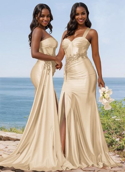 Trumpet/Mermaid Silk Like Satin Bridesmaid Dresses With High Split