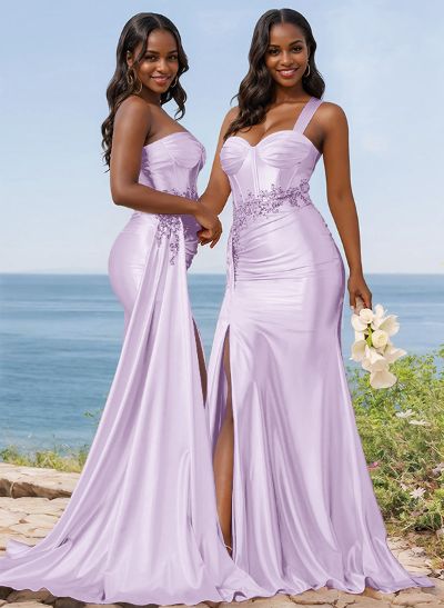 Trumpet/Mermaid Silk Like Satin Bridesmaid Dresses With High Split