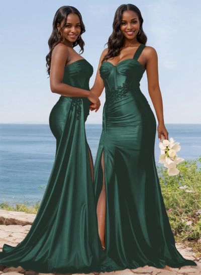 Trumpet/Mermaid Silk Like Satin Bridesmaid Dresses With High Split