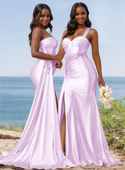 Trumpet/Mermaid Silk Like Satin Bridesmaid Dresses With High Split