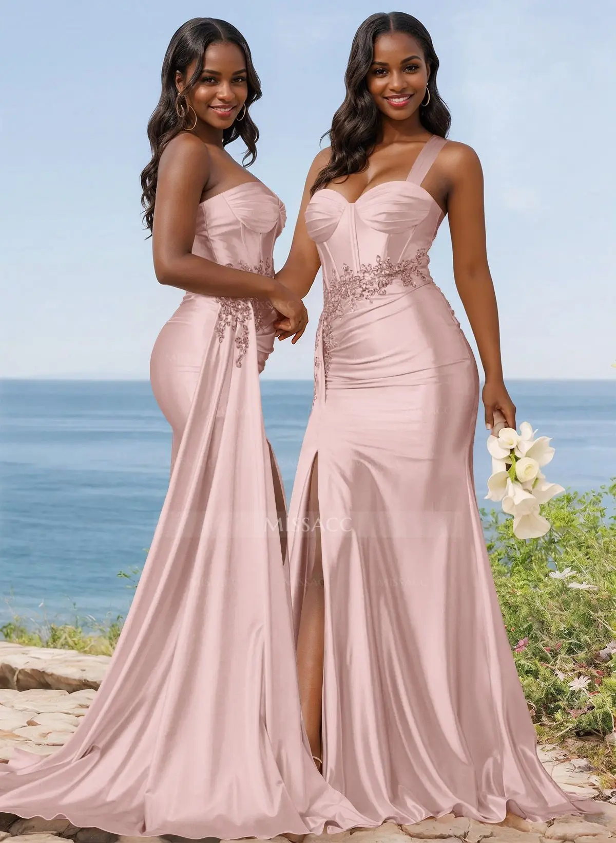 Missacc Mauve Bridesmaid Trumpet/Mermaid Silk Like Satin Bridesmaid Dresses with High Split