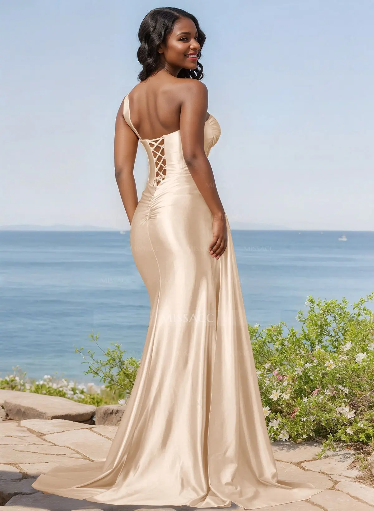 Missacc Rose Gold Bridesmaid Trumpet/Mermaid Silk Like Satin Bridesmaid Dresses with High Split