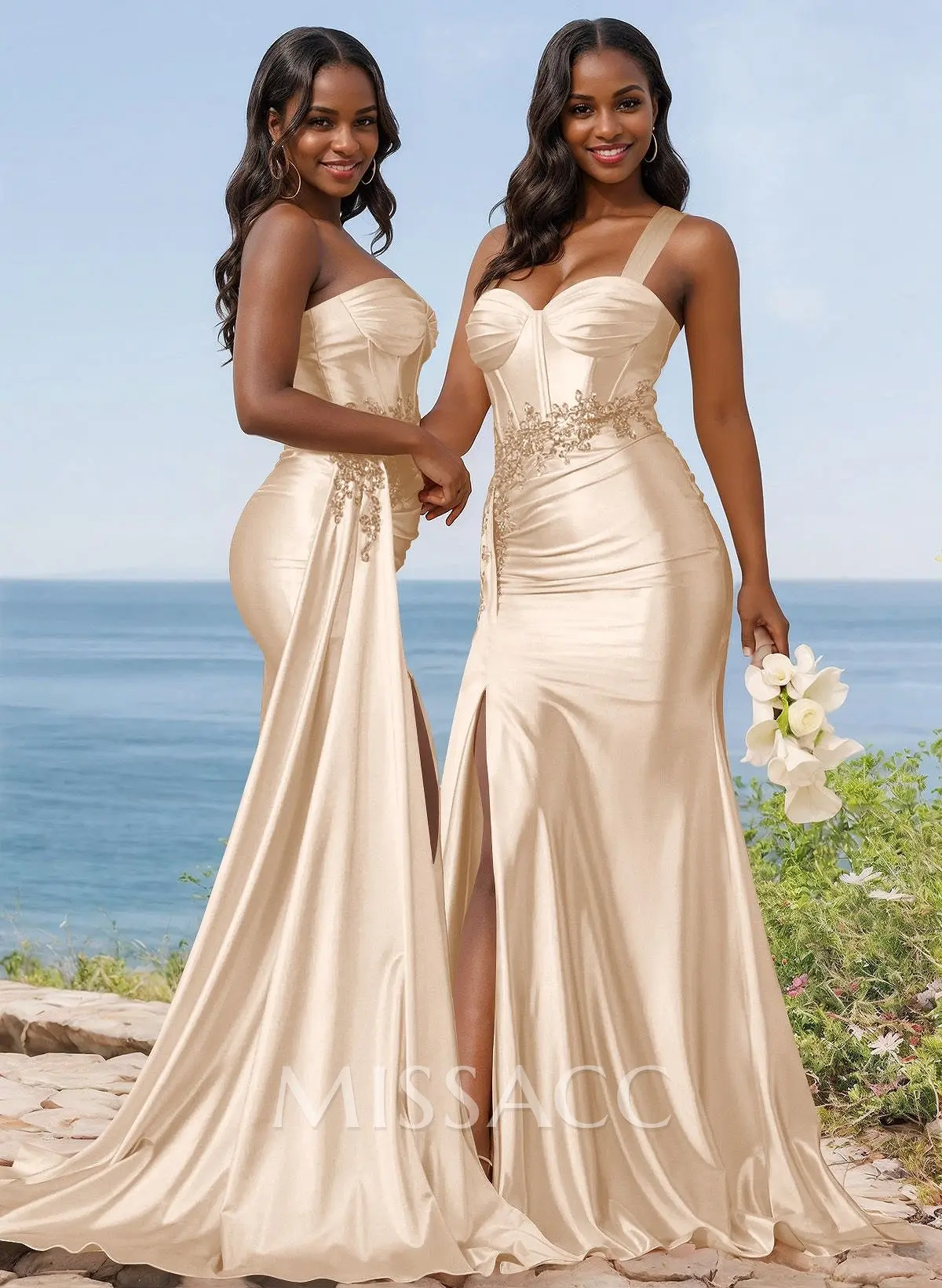 Trumpet/Mermaid Silk Like Satin Bridesmaid Dresses With High Split - Missacc