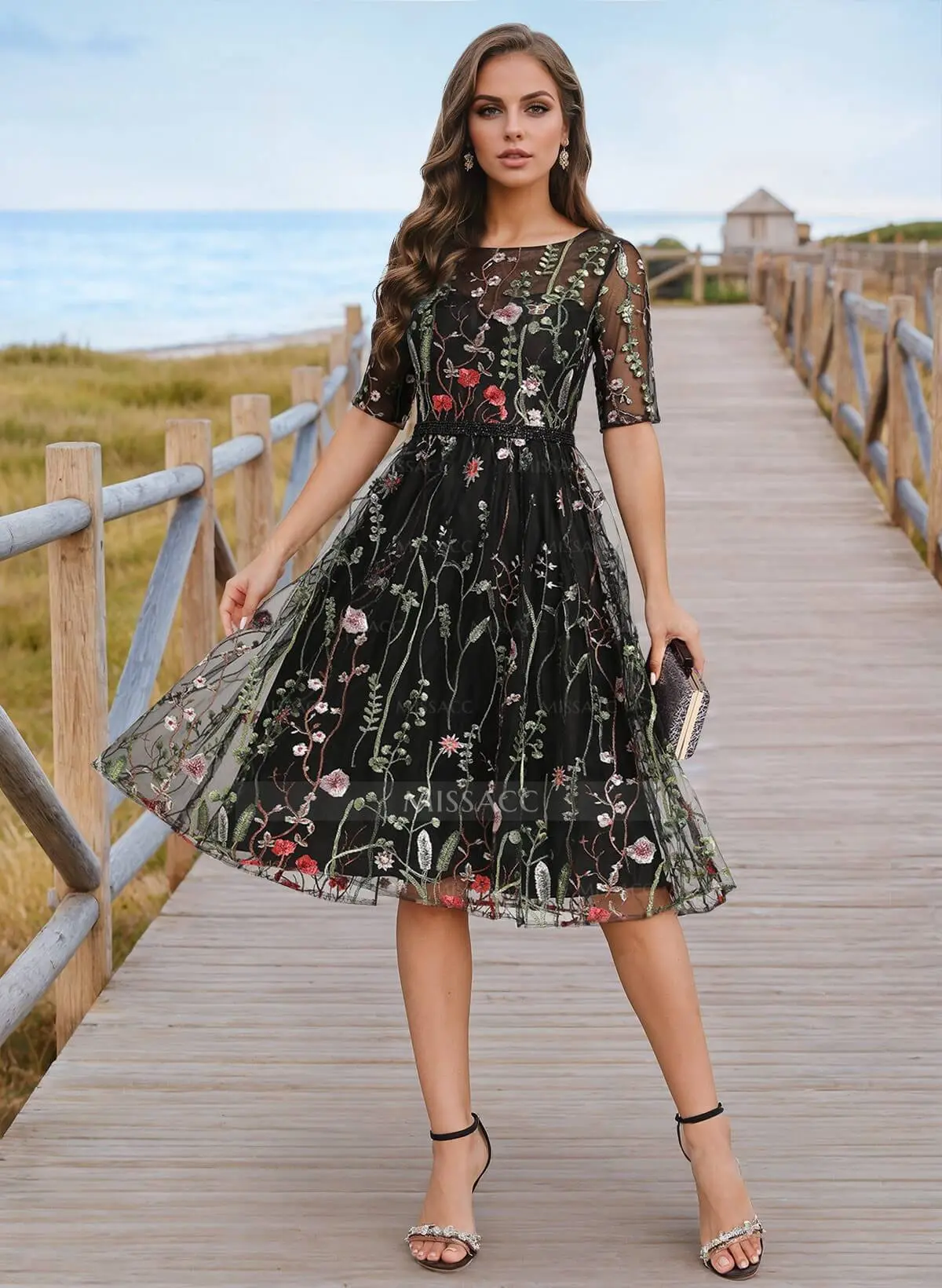 A-Line Scoop Neck 1/2 Sleeves Knee-Length Tulle Cocktail Dresses With Appliques Lace #SCD10476 $149