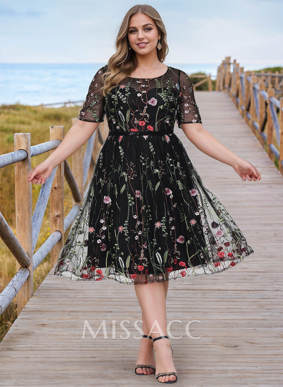 A-Line Scoop Neck 1/2 Sleeves Knee-Length Tulle Cocktail Dresses With Appliques Lace A-Line Scoop Neck 1/2 Sleeves Knee-Length Tulle Cocktail Dresses With Appliques Lace