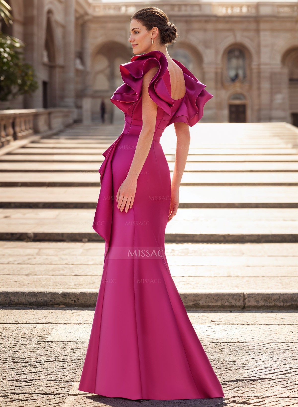 Trumpet/Mermaid V-Neck Satin Evening Dresses With Cascading Ruffles