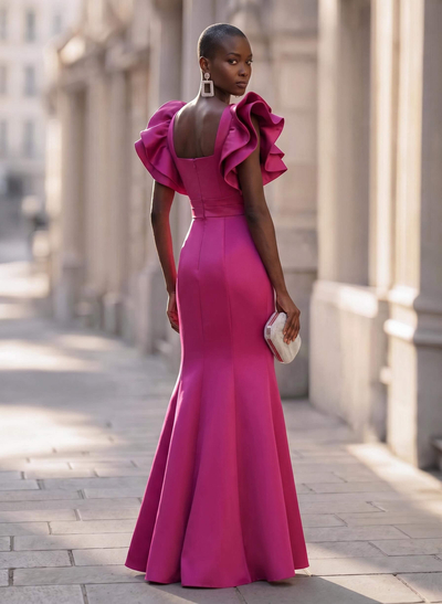 Trumpet/Mermaid V-Neck Satin Evening Dresses With Cascading Ruffles