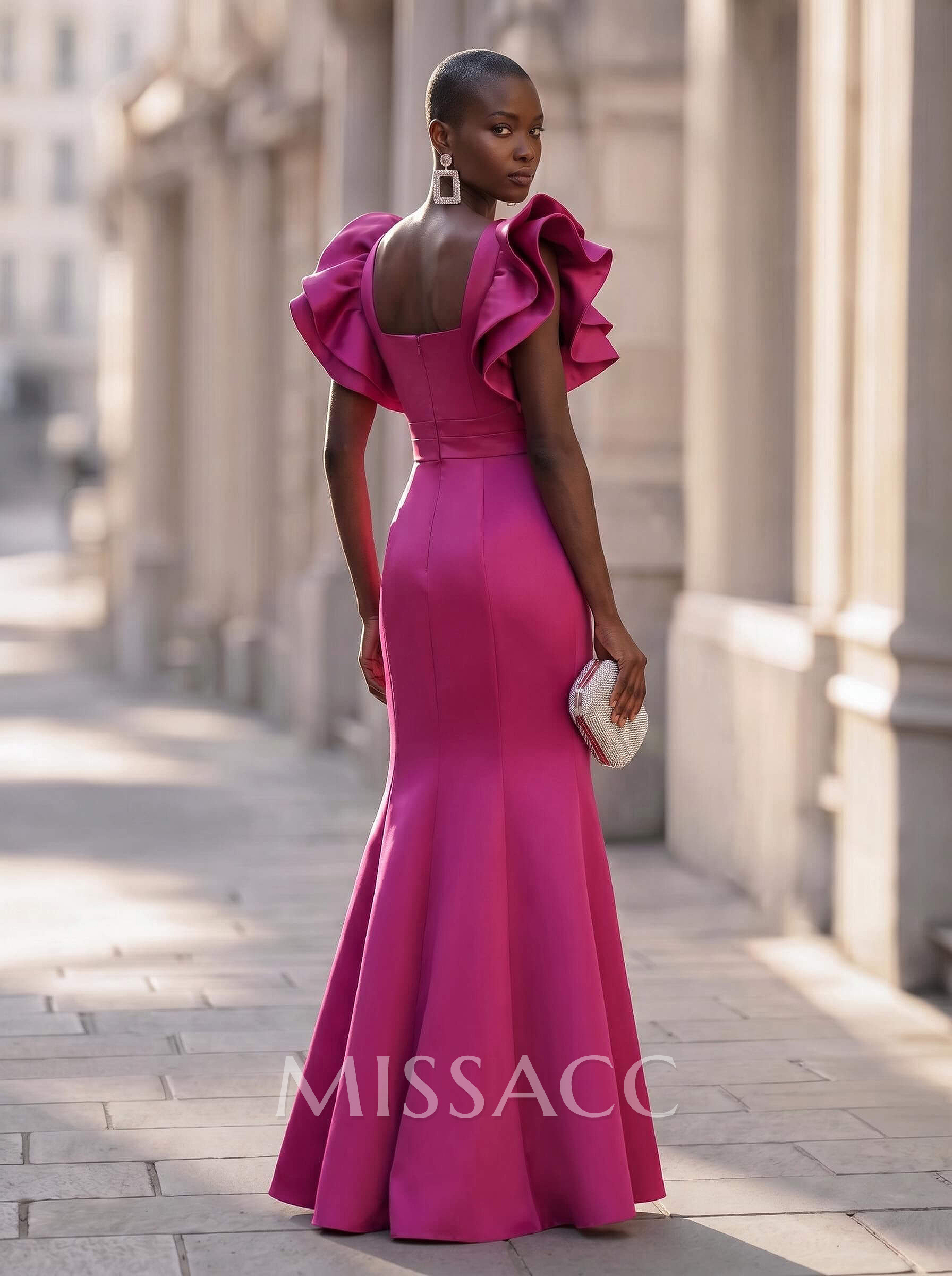 Trumpet/Mermaid V-Neck Satin Evening Dresses With Cascading Ruffles