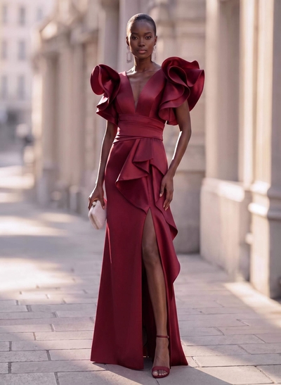 Trumpet/Mermaid V-Neck Satin Evening Dresses With Cascading Ruffles