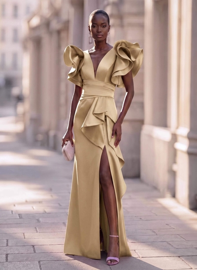 Trumpet/Mermaid V-Neck Satin Evening Dresses With Cascading Ruffles