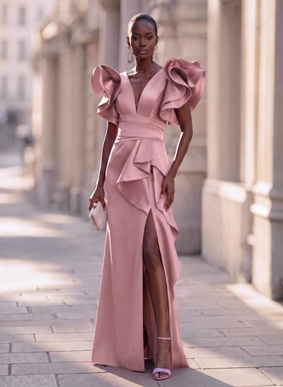 Trumpet/Mermaid V-Neck Satin Evening Dresses With Cascading Ruffles