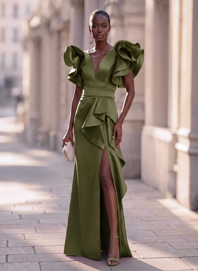 Trumpet/Mermaid V-Neck Satin Evening Dresses With Cascading Ruffles