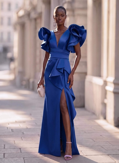Trumpet/Mermaid V-Neck Satin Evening Dresses With Cascading Ruffles