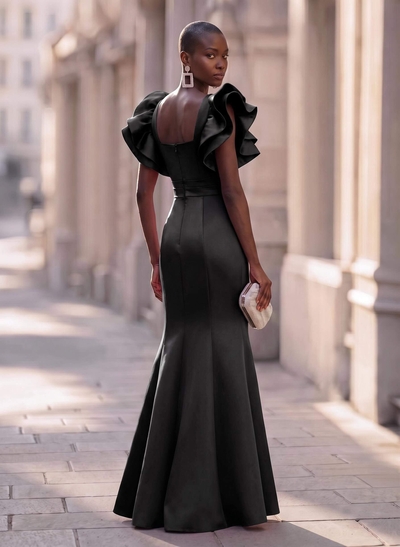 Trumpet/Mermaid V-Neck Satin Evening Dresses With Cascading Ruffles