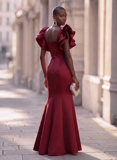 Trumpet/Mermaid V-Neck Satin Evening Dresses With Cascading Ruffles