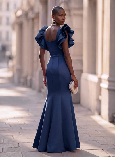 Trumpet/Mermaid V-Neck Satin Evening Dresses With Cascading Ruffles