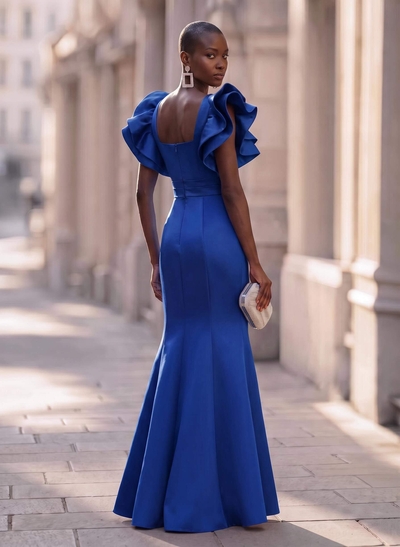 Trumpet/Mermaid V-Neck Satin Evening Dresses With Cascading Ruffles