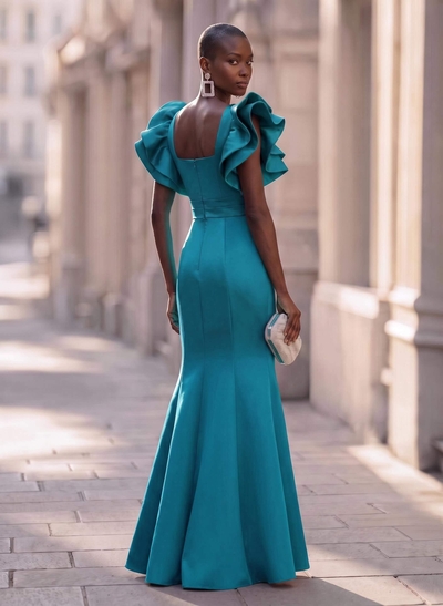 Fishtail/Mermaid V-Neck Satin Evening Dresses with Cascading Ruffles