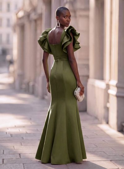 Trumpet/Mermaid V-Neck Satin Evening Dresses With Cascading Ruffles