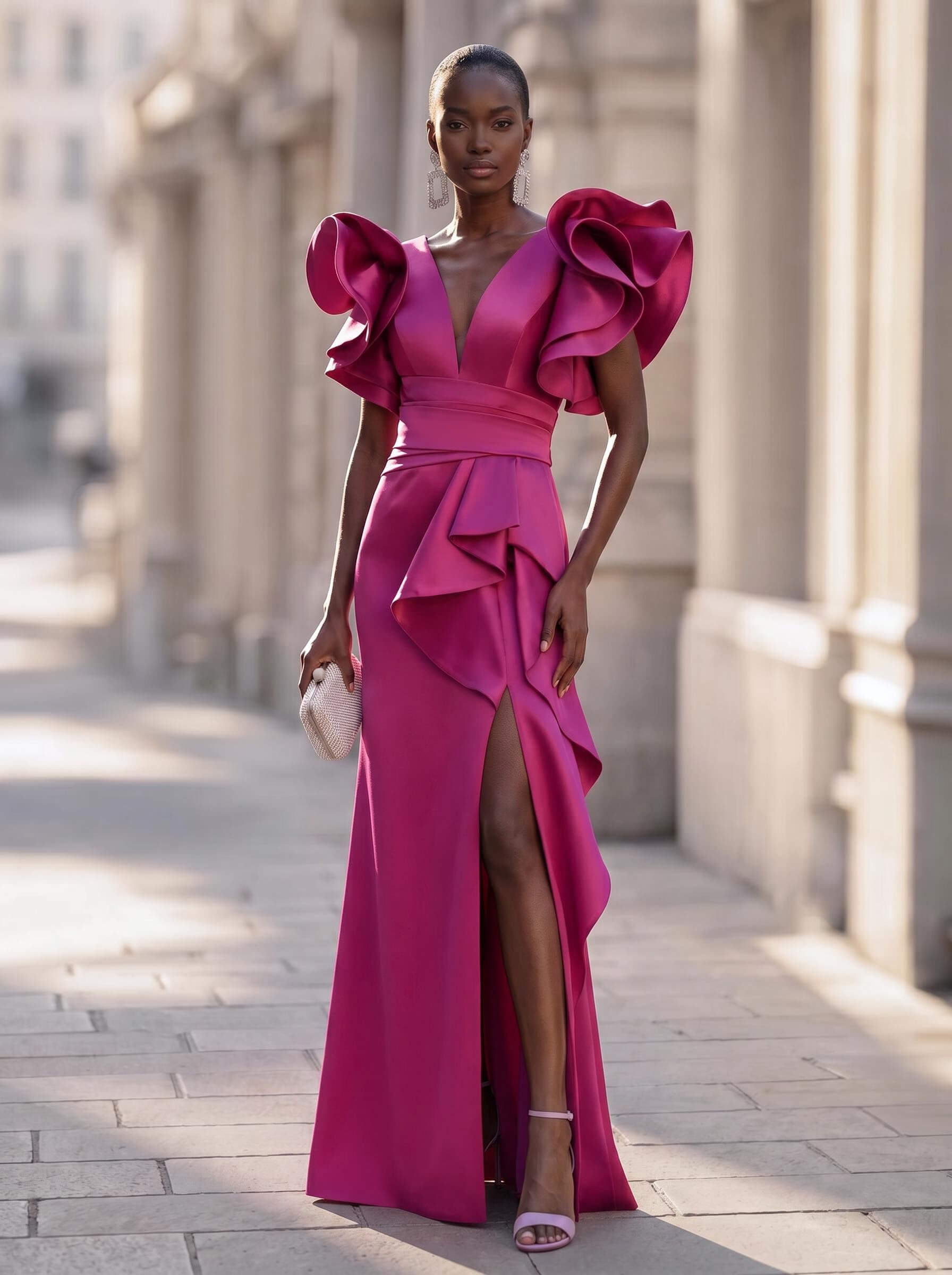 Trumpet/Mermaid V-Neck Satin Evening Dresses With Cascading Ruffles