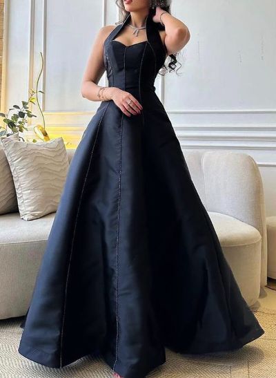 A-Line Halter Sleeveless Floor-Length Satin Evening Dresses