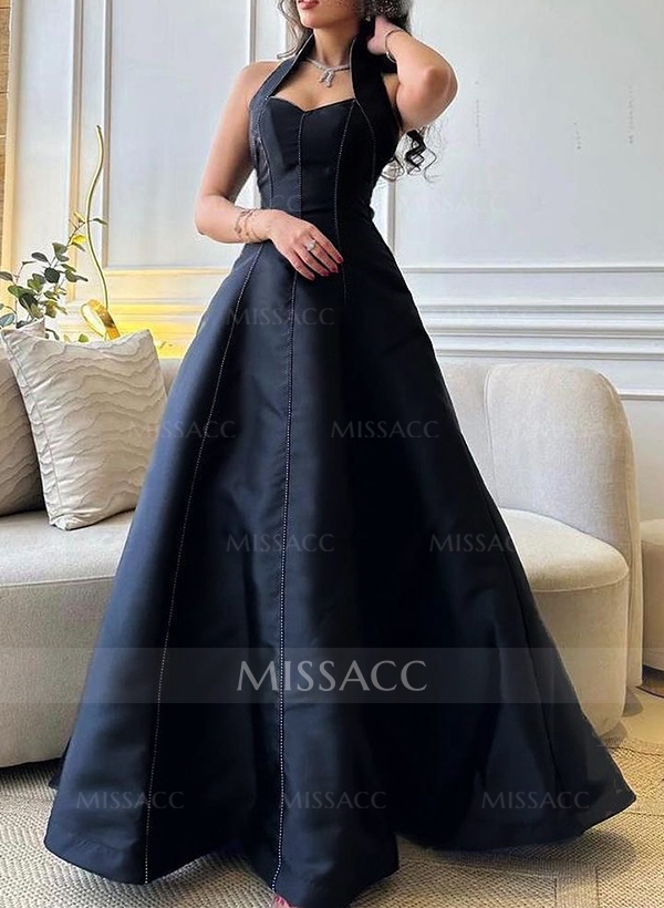 A-Line Halter Sleeveless Floor-Length Satin Evening Dresses