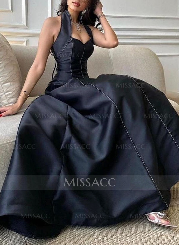 A-Line Halter Sleeveless Floor-Length Satin Evening Dresses